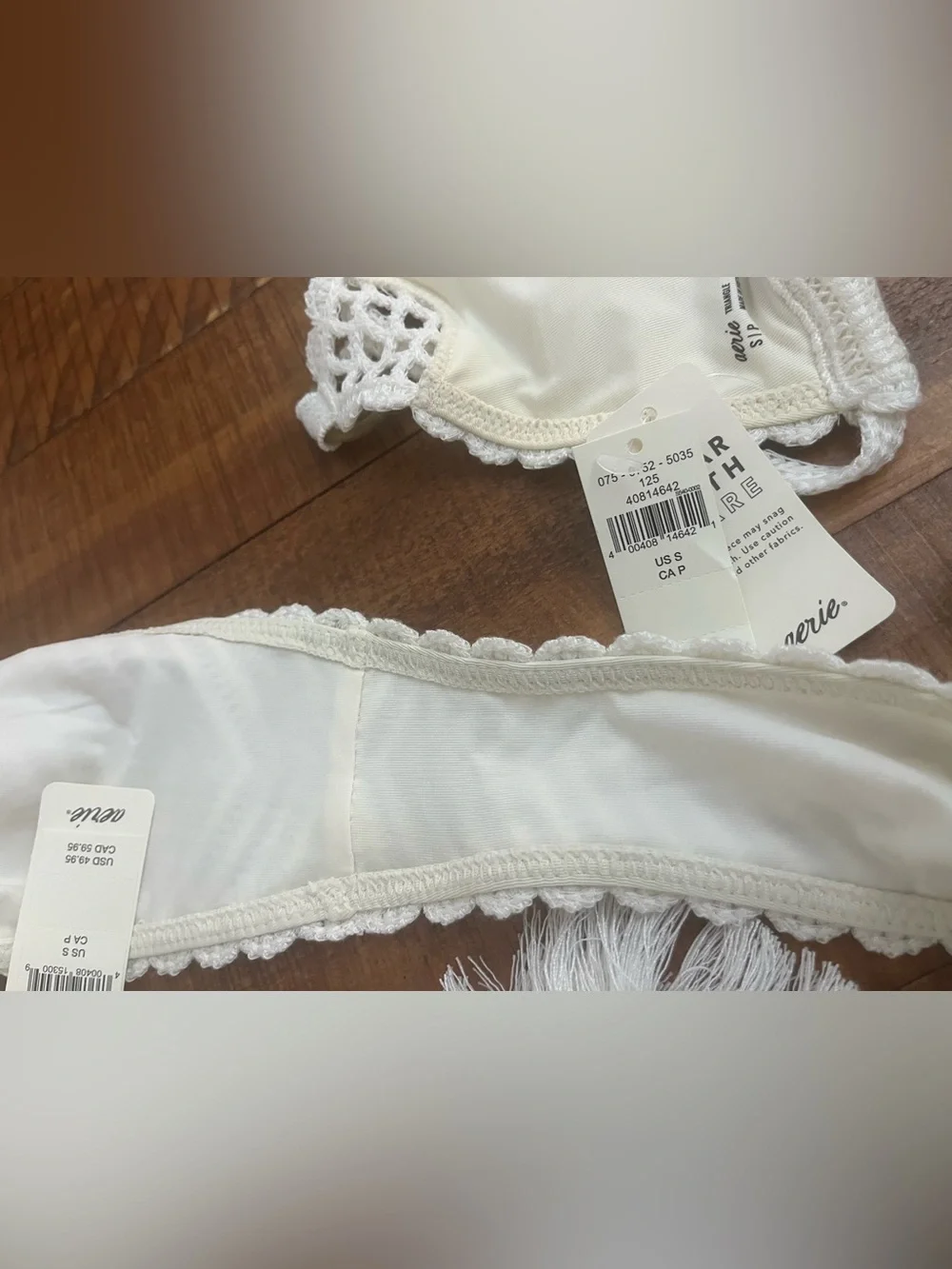 NWT Aerie FULL SET Crochet String Triangle Top + String Tie Bottom Soft Muslin S